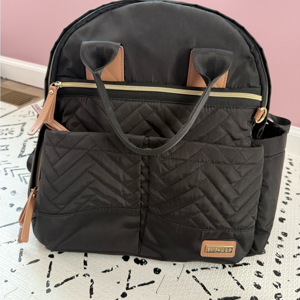 Skip Hop Black Quilted diaper bag Backpack with Tan Accents